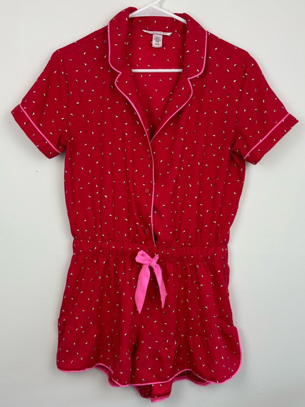 Victoria's Secret Red Short-Sleeve Pajama Romper w/ Teardrops Pattern Small EUC